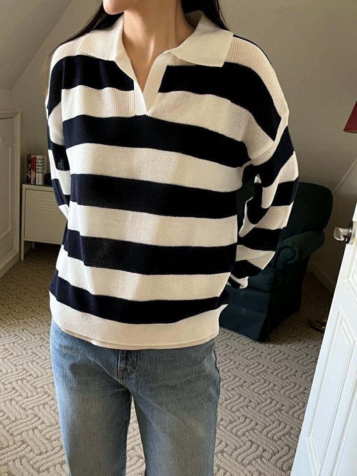 【送料無料】ボーダーカラーVネックニット・p002475 レディース 【tops】トップス ニット 長袖 柄 模様 ボーダー ポロ襟 ドロップショルダー ルーズ ゆったり 楽ちん ラフ カジュアル 秋 冬 かわいい 可愛い 韓国ファッション MKT
