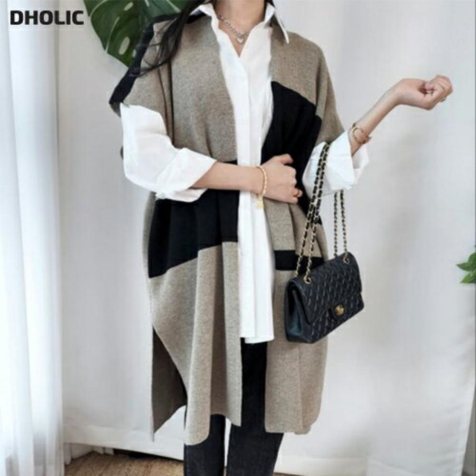 ウール混配色ロングニットベスト・p002456 レディース 【tops】ニット ベスト トップス カーディガン ロング丈 半袖 ハーフスリーブ 柄 模様 ウール混 配色 バイカラー 秋 冬 かわいい 可愛い 韓国ファッション MKT