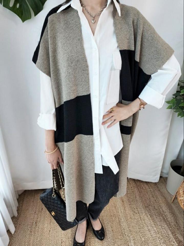 ウール混配色ロングニットベスト・p002456 レディース 【tops】ニット ベスト トップス カーディガン ロング丈 半袖 ハーフスリーブ 柄 模様 ウール混 配色 バイカラー 秋 冬 かわいい 可愛い 韓国ファッション MKT