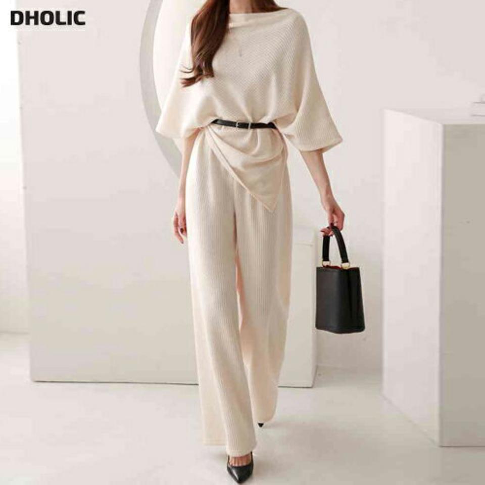ベルト付2WAYケープ&パンツSET・p002411 レディース 【pt】 韓国ファッション セットアップ 3セット ワンセットコーデ ニット トップス 半袖リブニット リブパンツ ロングパンツ ワイド 体型カバー 無地 カジュアル 秋 冬 MKT