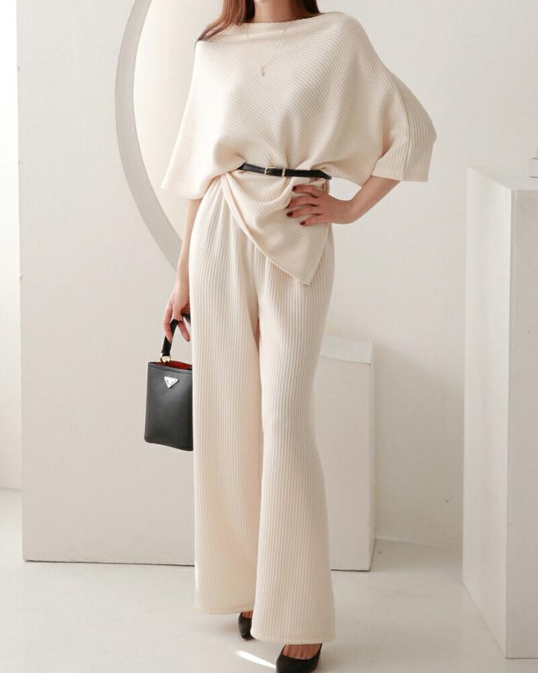 ベルト付2WAYケープ&パンツSET・p002411 レディース 【pt】 韓国ファッション セットアップ 3セット ワンセットコーデ ニット トップス 半袖リブニット リブパンツ ロングパンツ ワイド 体型カバー 無地 カジュアル 秋 冬 MKT