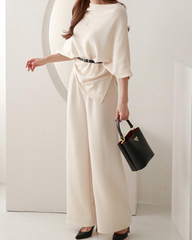 ベルト付2WAYケープ&パンツSET・p002411 レディース 【pt】 韓国ファッション セットアップ 3セット ワンセットコーデ ニット トップス 半袖リブニット リブパンツ ロングパンツ ワイド 体型カバー 無地 カジュアル 秋 冬 MKT