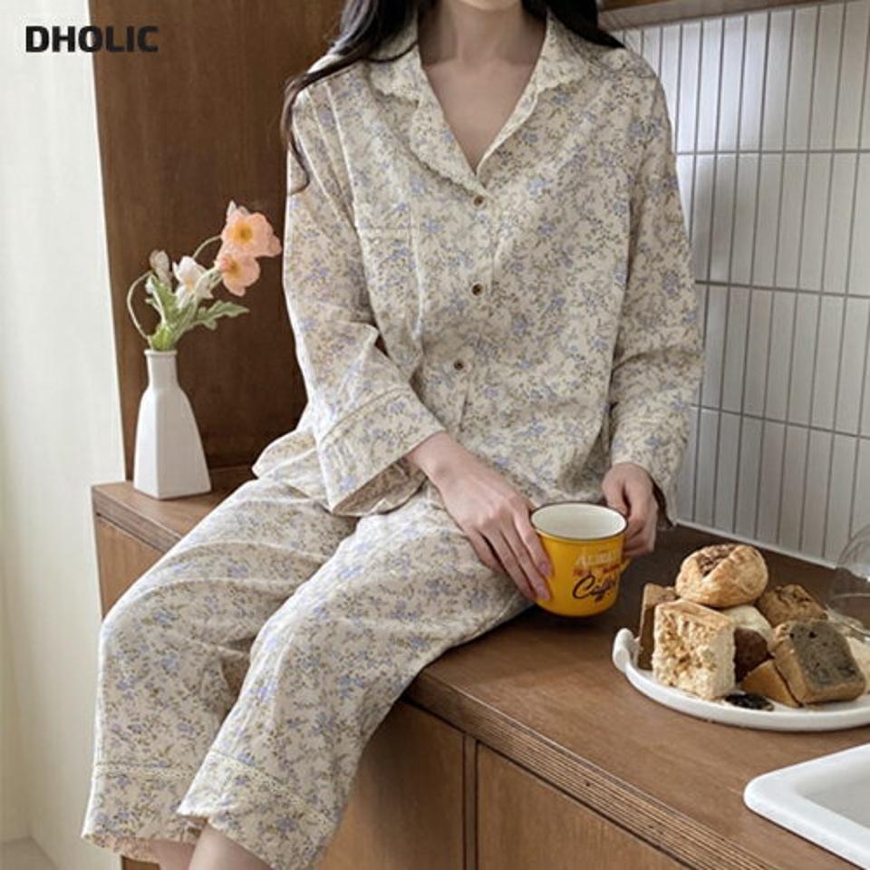 花柄レースコットンパジャマSET・p002327 レディース 【uw】パジャマ セット set トップス シャツ 長袖 柄 模様 花柄 レース コットン 綿 ボタン ぼたん パンツ ロング丈 総柄 秋 冬 春 かわいい 可愛い キュート パステル 韓国ファッション MKT