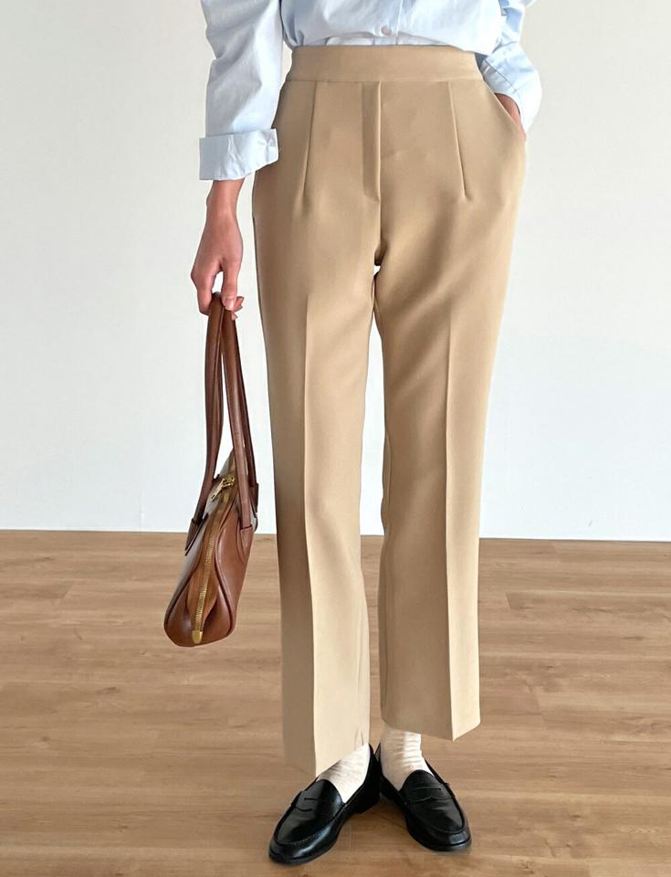 サイドジップストレートスラックス・t00175 レディース 【pt】ボトムス ロング ロングパンツ スラックス スリム ストレート センタープレス ハイウエスト ロング丈 無地 単色 シンプル フェミニン カジュアル 秋 冬 春 韓国ファッション