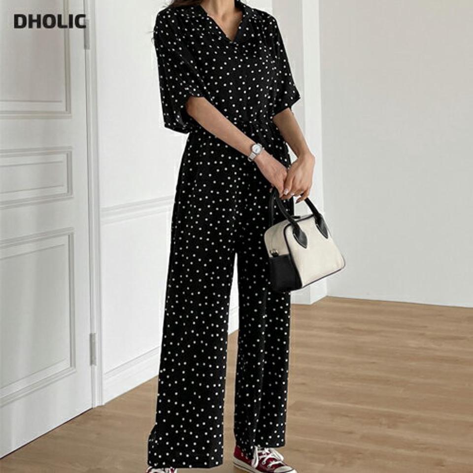 2TYPEストリング付オールインワン・b00665 レディース 【pt】オールインワン パンツ ロング ロング丈 半袖 オープンカラー 無地 ドット ストリング付 ハイウエスト ルーズ ゆったり ナチュラル カジュアル フェミニン 秋 冬 春 韓国ファッション