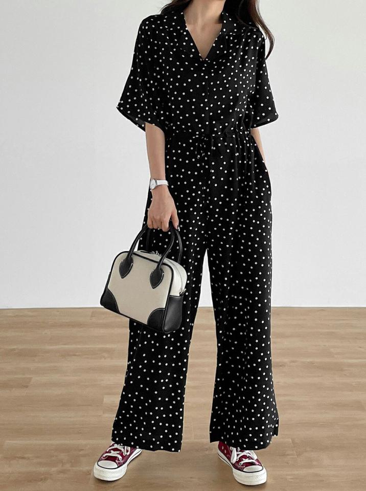 2TYPEストリング付オールインワン・b00665 レディース 【pt】オールインワン パンツ ロング ロング丈 半袖 オープンカラー 無地 ドット ストリング付 ハイウエスト ルーズ ゆったり ナチュラル カジュアル フェミニン 秋 冬 春 韓国ファッション