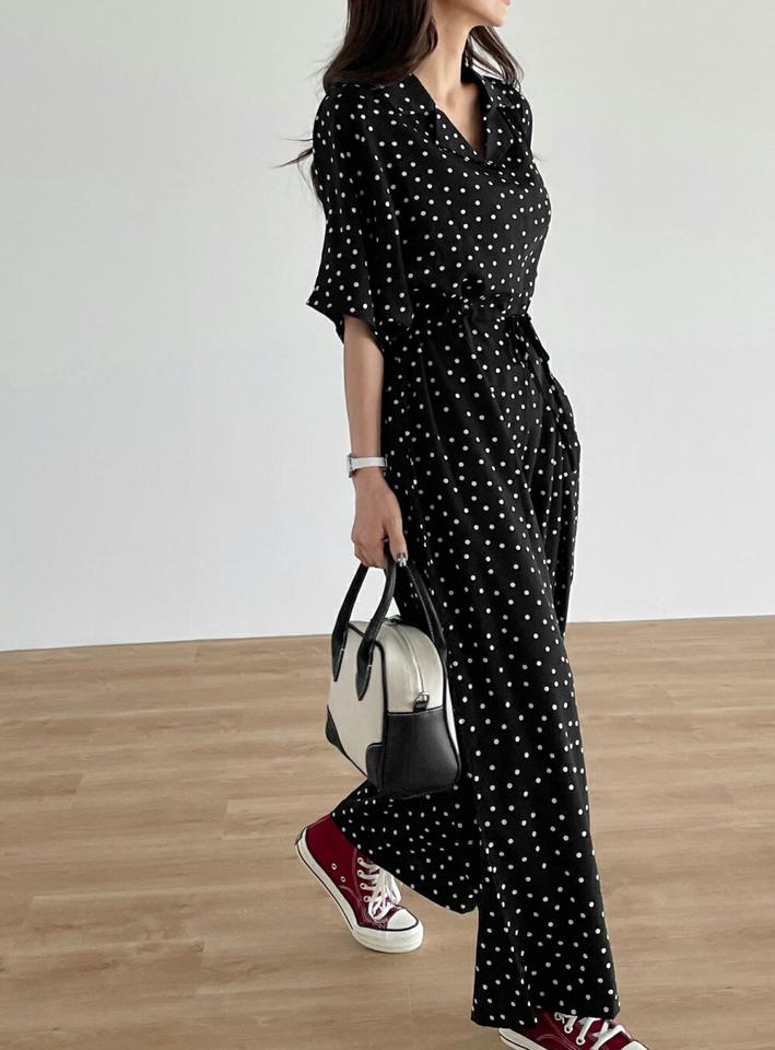 2TYPEストリング付オールインワン・b00665 レディース 【pt】オールインワン パンツ ロング ロング丈 半袖 オープンカラー 無地 ドット ストリング付 ハイウエスト ルーズ ゆったり ナチュラル カジュアル フェミニン 秋 冬 春 韓国ファッション