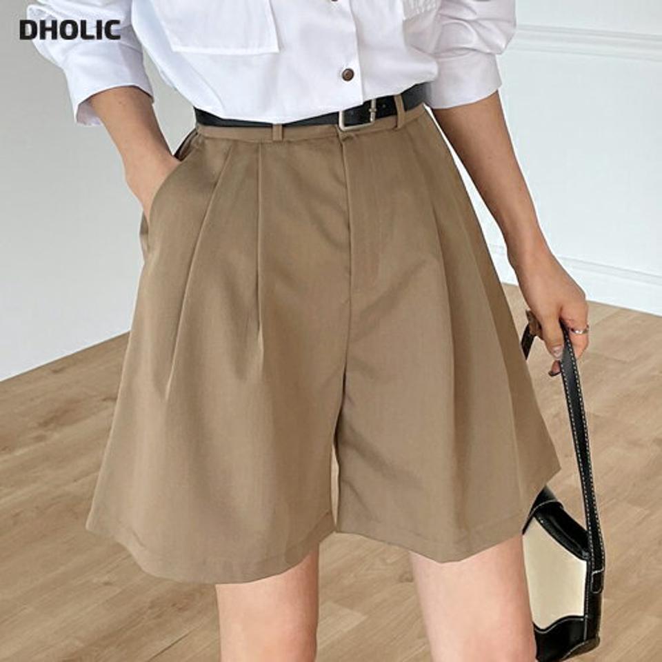 【マラソン特価】ベルト付タックハーフスラックス・t00674 レディース 【pt】ボトムス ショート ショートパンツ スラックス ハイウエスト ワイド ツータック ベルト付 ショート丈 無地 単色 シンプル フェミニン カジュアル 秋 冬 春 韓国ファッション