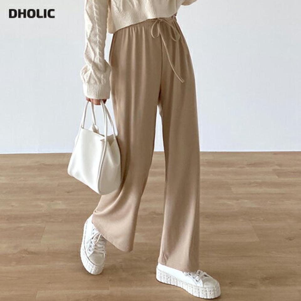 ストリング付リブワイドパンツ・t00676 レディース 【pt】ボトムス ロング ロングパンツ ストリング付 リブ ストレート ワイド ハイウエスト ドロースト 無地 単色 シンプル フェミニン カジュアル 秋 冬 春 韓国ファッション