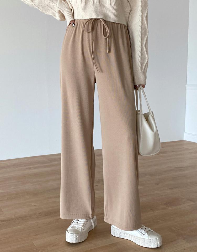 ストリング付リブワイドパンツ・t00676 レディース 【pt】ボトムス ロング ロングパンツ ストリング付 リブ ストレート ワイド ハイウエスト ドロースト 無地 単色 シンプル フェミニン カジュアル 秋 冬 春 韓国ファッション