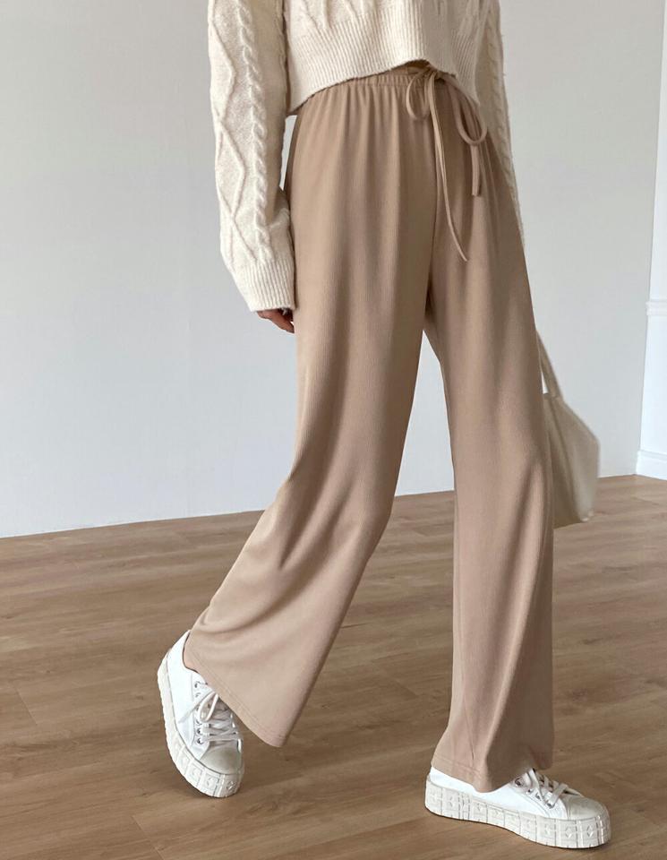 ストリング付リブワイドパンツ・t00676 レディース 【pt】ボトムス ロング ロングパンツ ストリング付 リブ ストレート ワイド ハイウエスト ドロースト 無地 単色 シンプル フェミニン カジュアル 秋 冬 春 韓国ファッション
