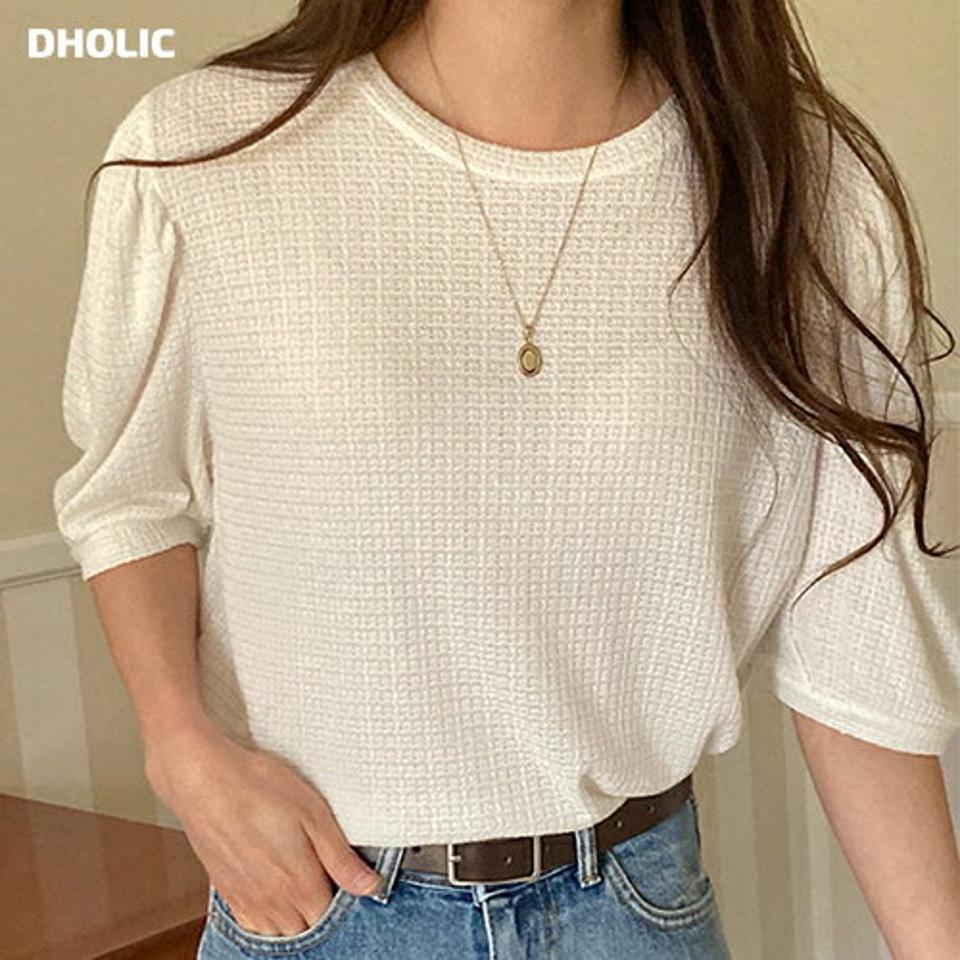 【マラソン特価】パフ5分袖Tシャツ・p002384 レディース 【tops】トップス Tシャツ 半袖 単色 無地 シンプル ベーシック パフ袖 パフスリーブ 春 夏 レーヨン混 カジュアル ラフ ゆったり かわいい 可愛い 韓国ファッション MKT