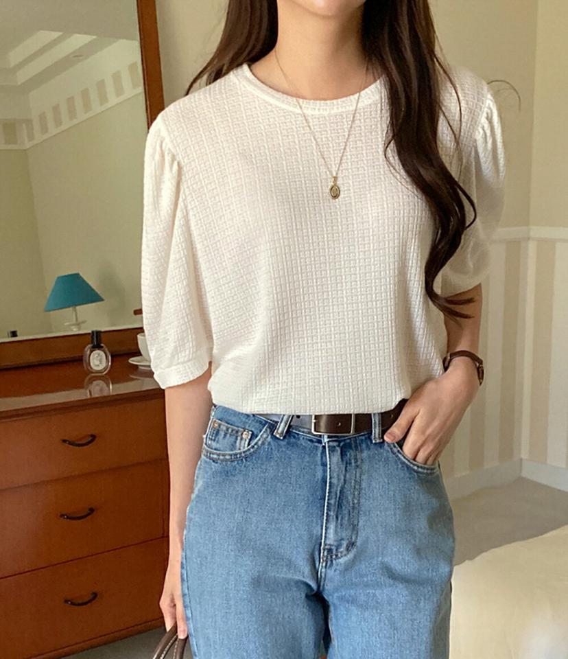 【マラソン特価】パフ5分袖Tシャツ・p002384 レディース 【tops】トップス Tシャツ 半袖 単色 無地 シンプル ベーシック パフ袖 パフスリーブ 春 夏 レーヨン混 カジュアル ラフ ゆったり かわいい 可愛い 韓国ファッション MKT