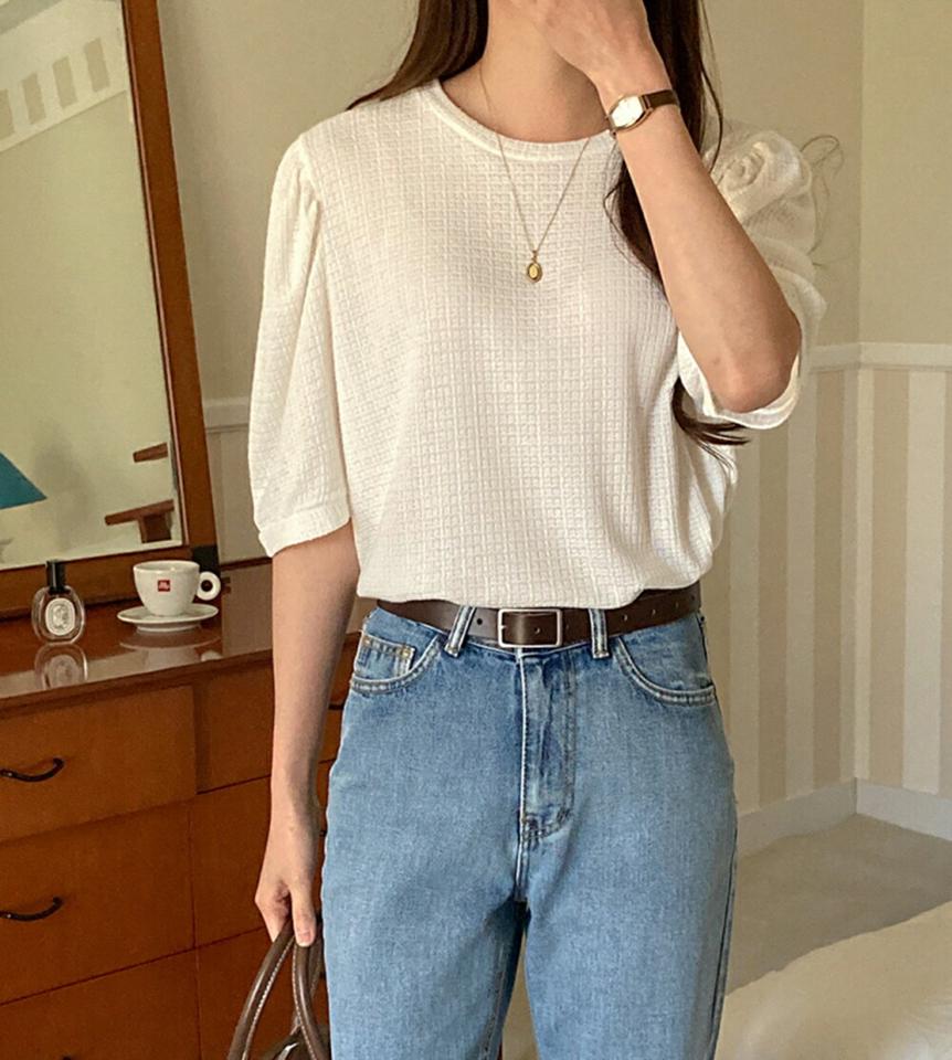 【マラソン特価】パフ5分袖Tシャツ・p002384 レディース 【tops】トップス Tシャツ 半袖 単色 無地 シンプル ベーシック パフ袖 パフスリーブ 春 夏 レーヨン混 カジュアル ラフ ゆったり かわいい 可愛い 韓国ファッション MKT