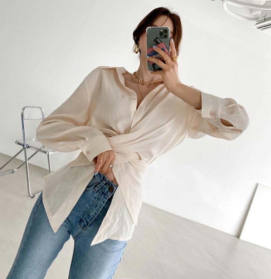 【マラソン特価】2WAYボタンロングシャツ・p002371 レディース 【bl】シャツ トップス 長袖 単色 無地 シンプル ベーシック 2WAY ユニーク ウエストマーク 襟 えり パステル 秋 冬 カジュアル ラフ 大人 韓国ファッション MKT セール