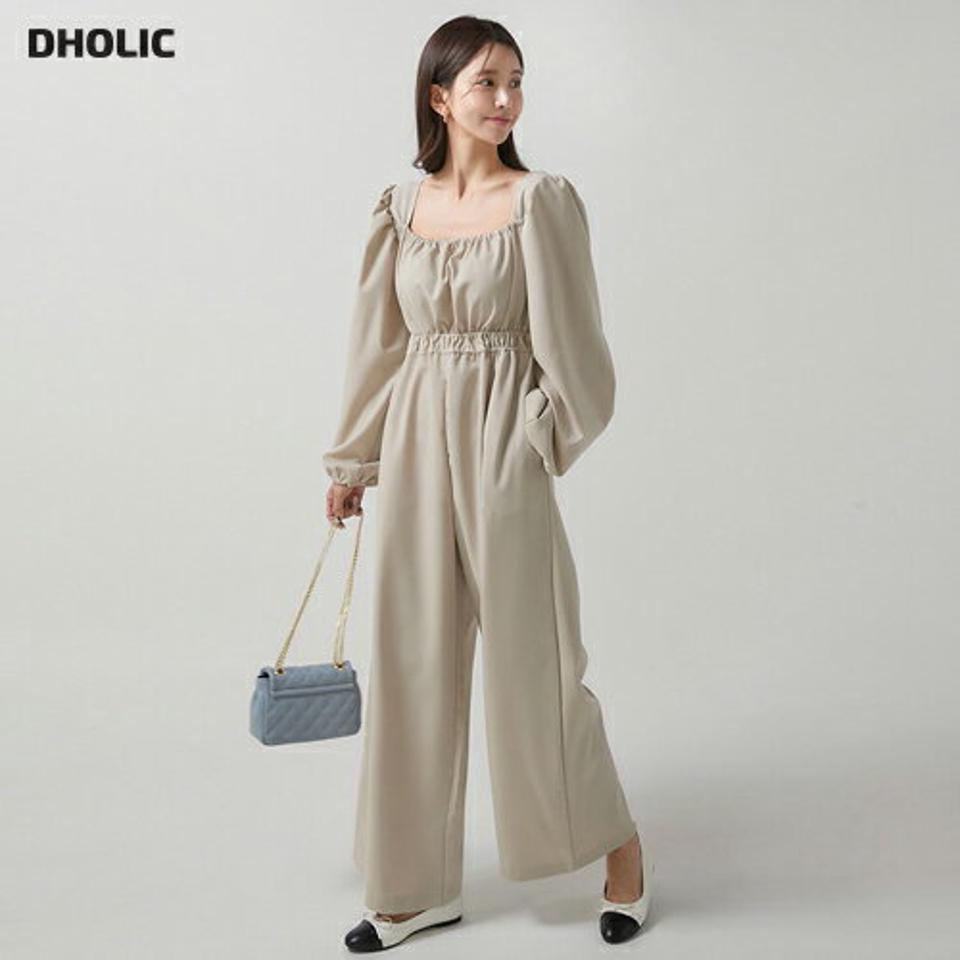 スクエアギャザーオールインワン・t00404 レディース 【pt】オールインワン パンツ ロング ロング丈 スクエアネック 長袖 パフ ハイウエスト ワイド 無地 単色 シンプル カジュアル フェミニン 可愛い かわいい 秋 冬 春 韓国ファッション