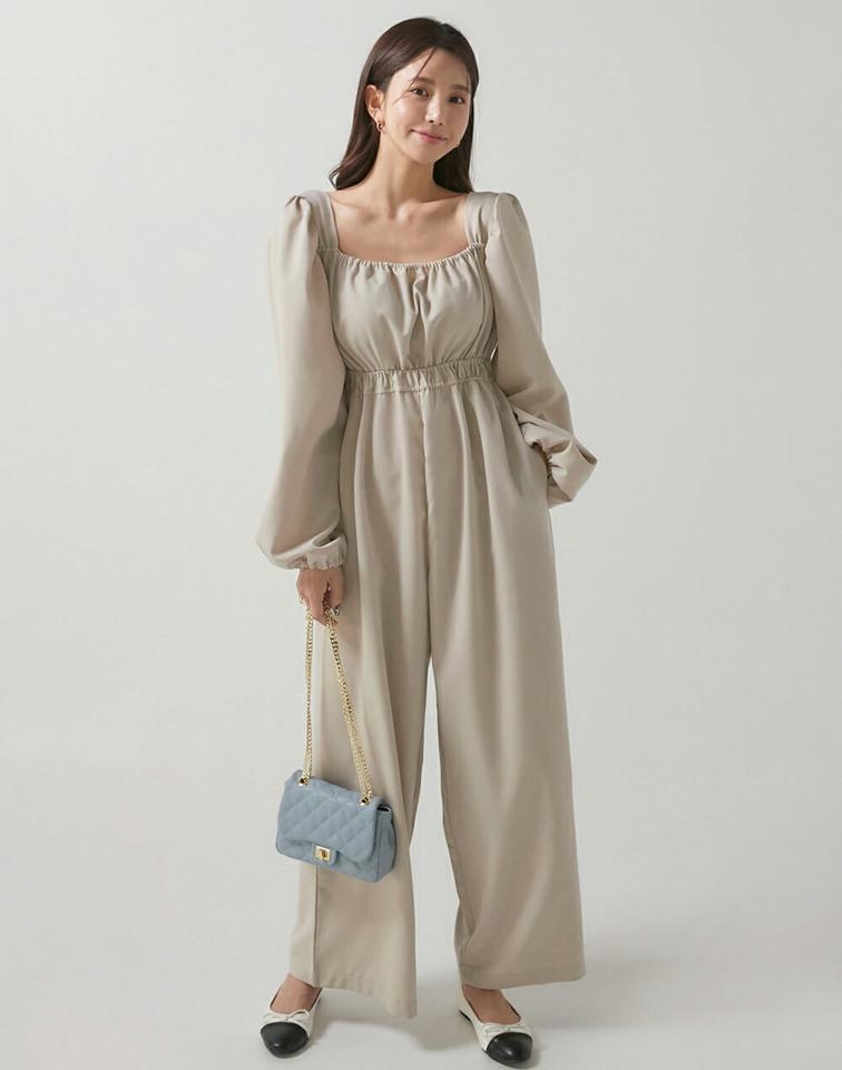 スクエアギャザーオールインワン・t00404 レディース 【pt】オールインワン パンツ ロング ロング丈 スクエアネック 長袖 パフ ハイウエスト ワイド 無地 単色 シンプル カジュアル フェミニン 可愛い かわいい 秋 冬 春 韓国ファッション