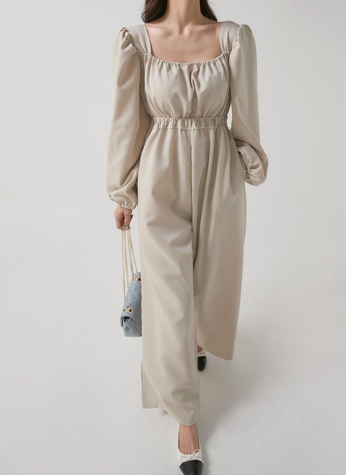 スクエアギャザーオールインワン・t00404 レディース 【pt】オールインワン パンツ ロング ロング丈 スクエアネック 長袖 パフ ハイウエスト ワイド 無地 単色 シンプル カジュアル フェミニン 可愛い かわいい 秋 冬 春 韓国ファッション