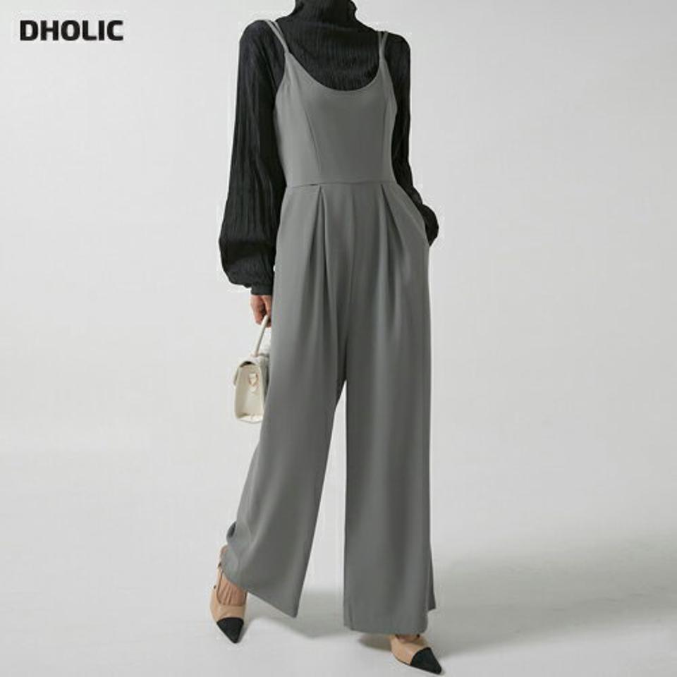 バックリボンタックオールインワン・b00397 レディース 【pt】オールインワン パンツ ロング ロング丈 Uネック ノースリーブ バックダーツ ワンタック ワイド リボン 無地 単色 シンプル カジュアル フェミニン 秋 冬 春 韓国ファッション