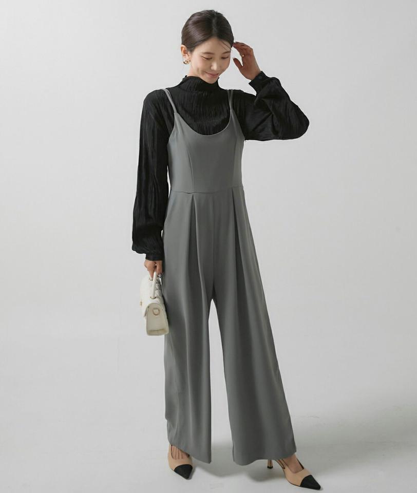 バックリボンタックオールインワン・b00397 レディース 【pt】オールインワン パンツ ロング ロング丈 Uネック ノースリーブ バックダーツ ワンタック ワイド リボン 無地 単色 シンプル カジュアル フェミニン 秋 冬 春 韓国ファッション