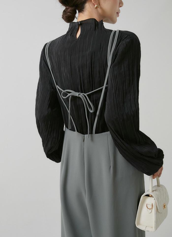 バックリボンタックオールインワン・b00397 レディース 【pt】オールインワン パンツ ロング ロング丈 Uネック ノースリーブ バックダーツ ワンタック ワイド リボン 無地 単色 シンプル カジュアル フェミニン 秋 冬 春 韓国ファッション