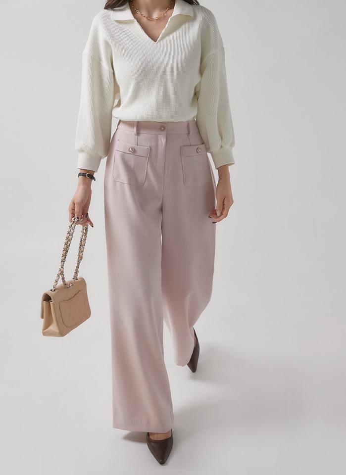 ツイードボタンポケットパンツ・t00406 レディース 【pt】ボトムス ロング ロングパンツ スラックス ツイード ダーツ ハイウエスト フルレングス ストレート ロング丈 シンプル フェミニン カジュアル 秋 冬 春 韓国ファッション