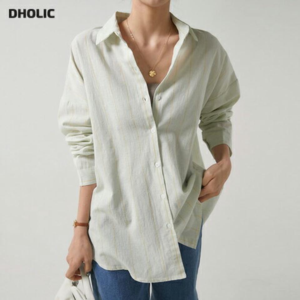パステルストライプシャツ・t00390 レディース 【bl】トップス シャツ カラーネック 長袖 ドロップショルダー ラウンドヘム ストライプ リンクル コットン 綿 シンプル かわいい 可愛い カジュアル フェミニン 秋 冬 春 韓国ファッション