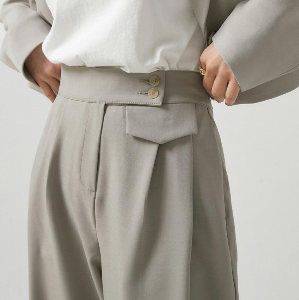 フラップツーボタンスラックス・t00405 レディース 【pt】ボトムス ロング ロングパンツ スラックス ハイウエスト ツータック ワイド ストレート ハイウエスト ロング丈 無地 単色 シンプル フェミニン カジュアル 秋 冬 春 韓国ファッション