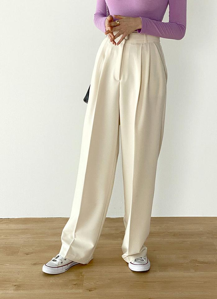 ベルト付タックワイドスラックス・t00336 レディース 【pt】ボトムス ロング ロングパンツ スラックス センタープレス ツータック ワイド ストレート ハイウエスト ロング丈 無地 単色 シンプル フェミニン カジュアル 秋 冬 春 韓国ファッション