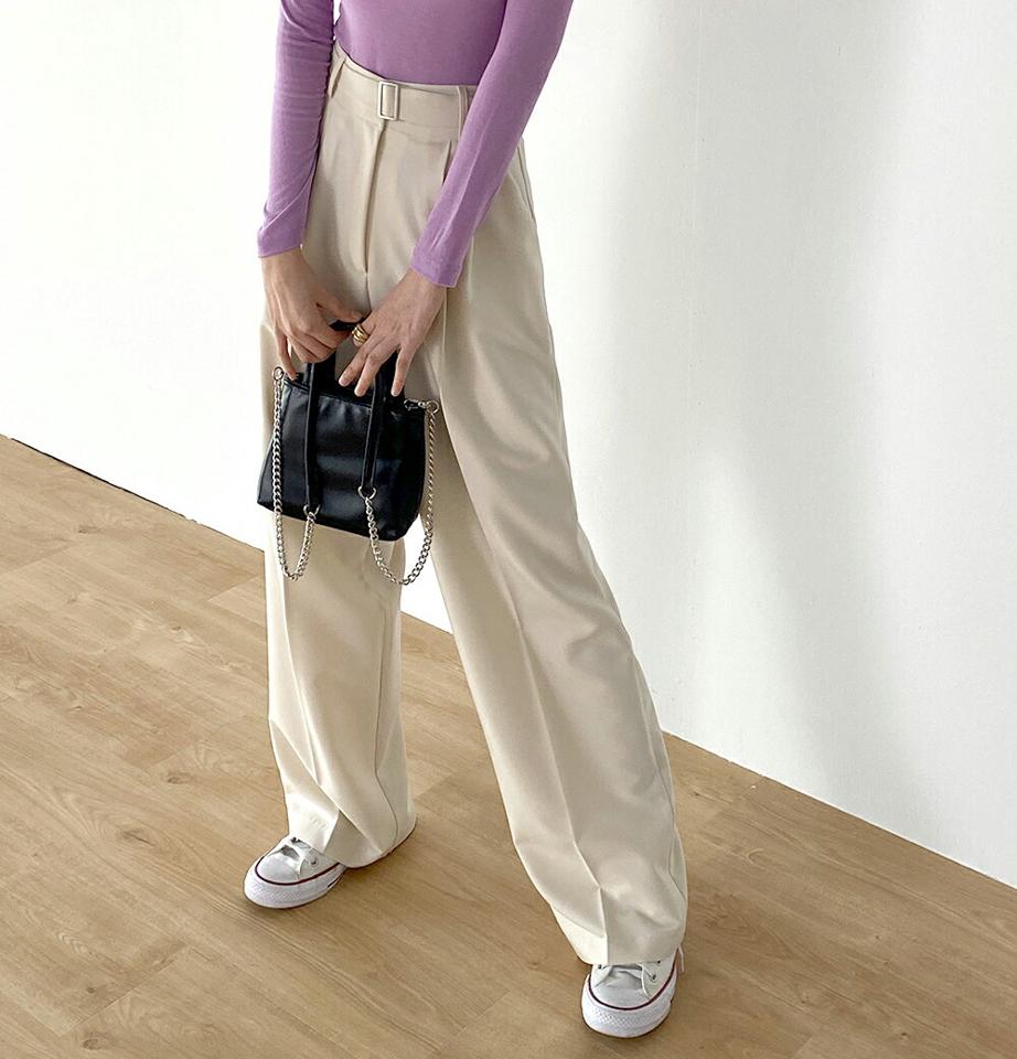 ベルト付タックワイドスラックス・t00336 レディース 【pt】ボトムス ロング ロングパンツ スラックス センタープレス ツータック ワイド ストレート ハイウエスト ロング丈 無地 単色 シンプル フェミニン カジュアル 秋 冬 春 韓国ファッション