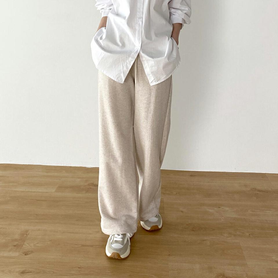 ストリング付ワイドスウェットパンツ・b00344 レディース 【pt】ボトムス ロング ロングパンツ ワイド ストレート ハイウエスト ドローストリング 綿 コットン 無地 単色 シンプル フェミニン カジュアル 秋 冬 春 韓国ファッション