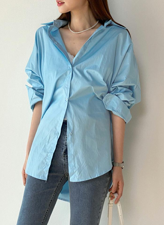 ラウンドヘムボクシーコットンシャツ・b00343 レディース 【bl】トップス シャツ カラーネック 長袖 ドロップショルダー ラウンドヘム タック コットン 綿 無地 単色 シンプル かわいい 可愛い カジュアル フェミニン 秋 冬 春 韓国ファッション