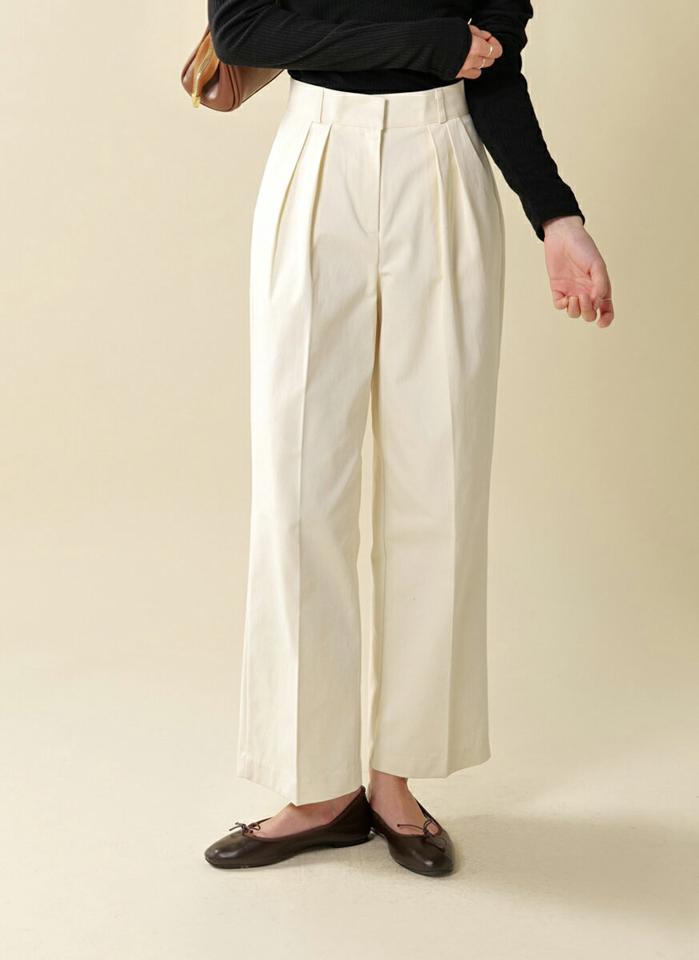 ツータックコットンスラックス・t00132 レディース 【pt】ボトムス ロング ロングパンツ スラックス ワイド ストレート ツータック センタープレス ハイウエスト ロング丈 無地 単色 シンプル フェミニン カジュアル 秋 冬 春 韓国ファッション