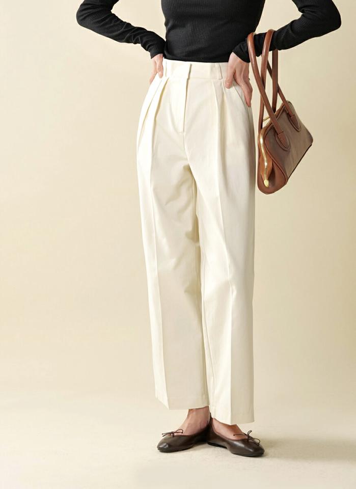 ツータックコットンスラックス・t00132 レディース 【pt】ボトムス ロング ロングパンツ スラックス ワイド ストレート ツータック センタープレス ハイウエスト ロング丈 無地 単色 シンプル フェミニン カジュアル 秋 冬 春 韓国ファッション