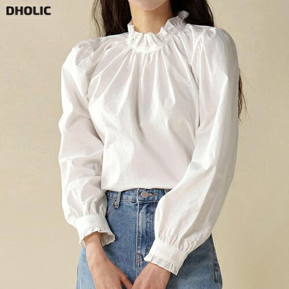フリルネックパフブラウス・t00120 レディース 【bl】トップス ブラウス ハーフネック 長袖 パフ フリル ギャザー 無地 単色 シンプル かわいい 可愛い カジュアル フェミニン 秋 冬 春 韓国ファッション