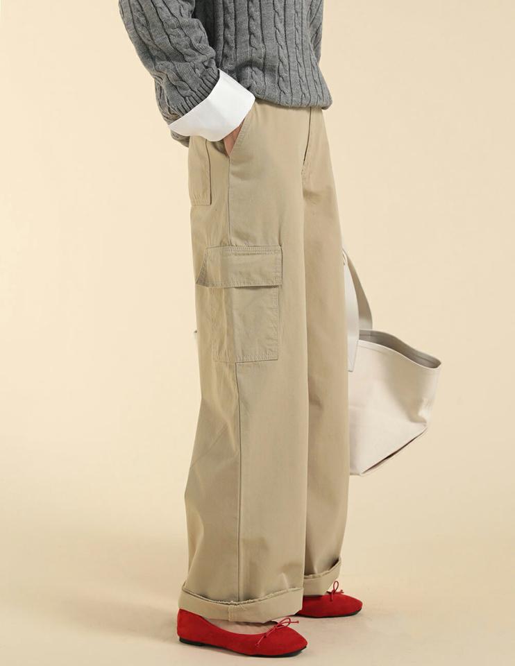コットンカーゴワイドパンツ・t71794 レディース 【pt】ボトムス ロング ロングパンツ カーゴパンツ コットン 綿 ワイド ロング丈 無地 単色 シンプル フェミニン カジュアル 秋 冬 春 韓国ファッション