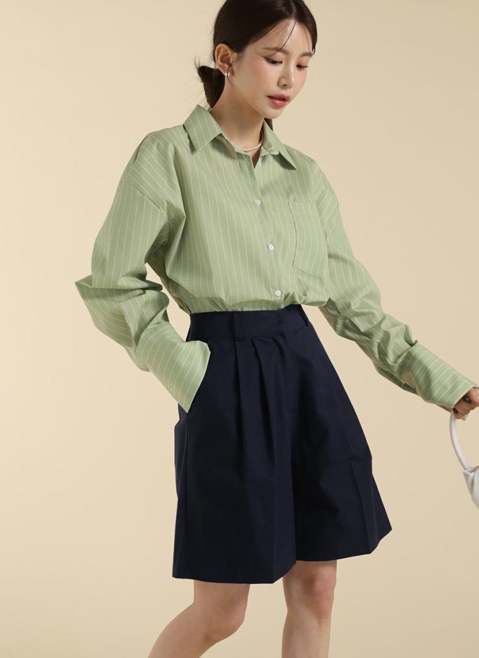 【10%OFF】ワイドカフスストライプシャツ・t71769 レディース 【bl】トップス シャツ カラーネック 長袖 ドロップショルダー ラウンドヘム ストライプ オーバーサイズ シンプル かわいい 可愛い カジュアル フェミニン 秋 冬 春 韓国ファッション KWセール