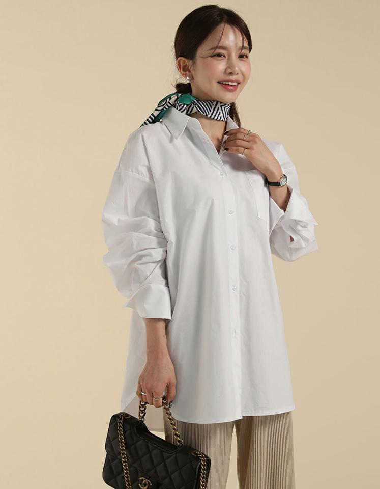 【10%OFF】ワイドカフスシャツ・t71770 レディース 【bl】トップス シャツ カラーネック 長袖 ドロップショルダー オーバーサイズ ワイドカフス 無地 単色 シンプル かわいい 可愛い カジュアル フェミニン 秋 冬 春 韓国ファッション KWセール