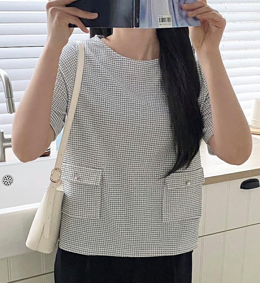テンセル混フェイクパールポケットツイードブラウス・p002577 レディース 【bl】ブラウス トップス 半袖 柄 模様 テンセル混 フェイクパール パール調 ツイード 春 夏 可愛い かわいい キュート 韓国ファッション MKT