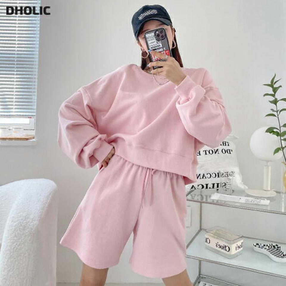 クロップドスウェット&ハーフパンツSET・p002482 レディース 【pt】セットアップ セット setup トップス スウェット トレーナー 長袖 単色 無地 シンプル ベーシック ドロップショルダー パンツ ハーフ丈 秋 冬 カジュアル 韓国ファッション MKT