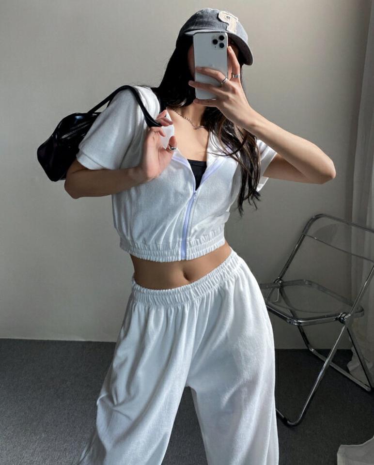 【マラソン特価】半袖パーカー&ワイドパンツSET・p002591 レディース 【pt】セットアップ セット setup パーカー ジップアップ 半袖 単色 無地 シンプル ベーシック フード フーディ クロップド丈 パンツ ロング丈 ワイド 春 夏 カジュアル 韓国ファッション MKT セール