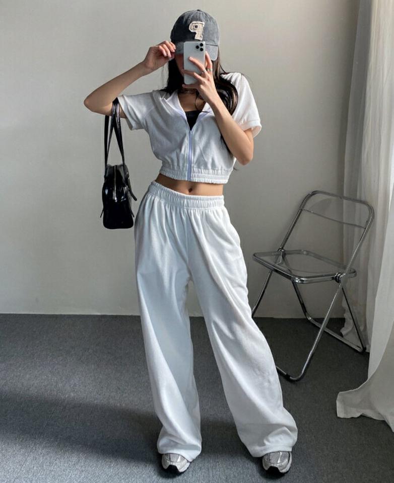 【マラソン特価】半袖パーカー&ワイドパンツSET・p002591 レディース 【pt】セットアップ セット setup パーカー ジップアップ 半袖 単色 無地 シンプル ベーシック フード フーディ クロップド丈 パンツ ロング丈 ワイド 春 夏 カジュアル 韓国ファッション MKT セール