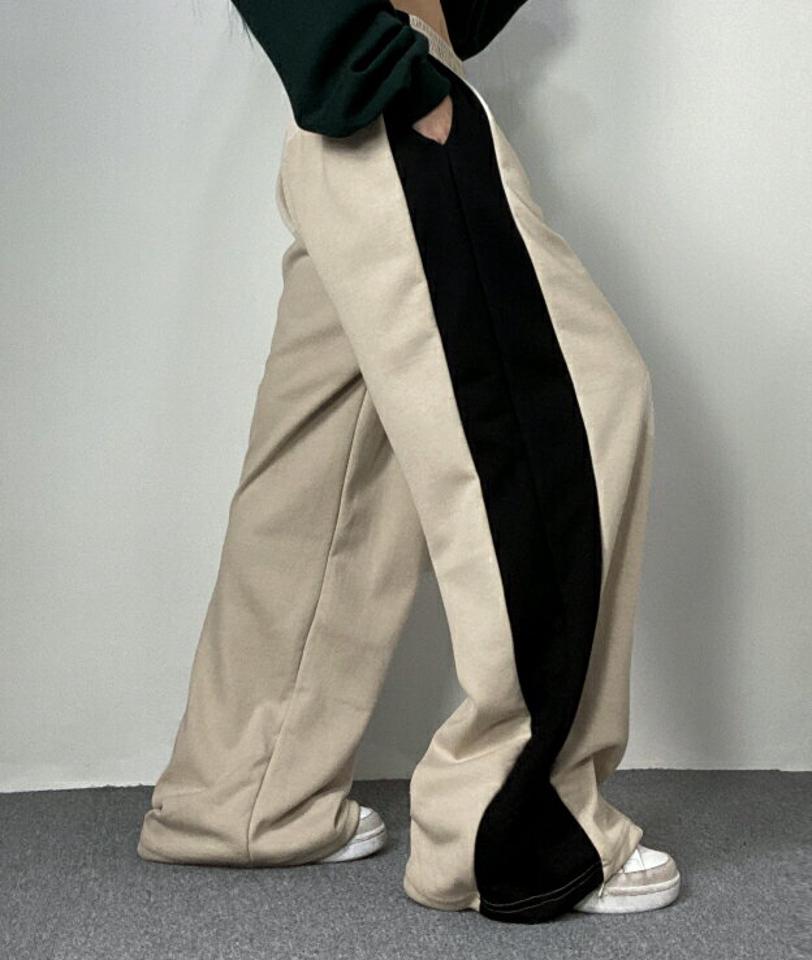 配色ワイドスウェットパンツ・p002587 レディース 【pt】パンツ ロング丈 柄 模様 配色 ワイド スウェット トレーナー 春 夏 秋 冬 バイカラー ゆったり 楽ちん カジュアル ラフ スポーティ スポーツ ウエストゴム ルーズ 韓国ファッション MKT