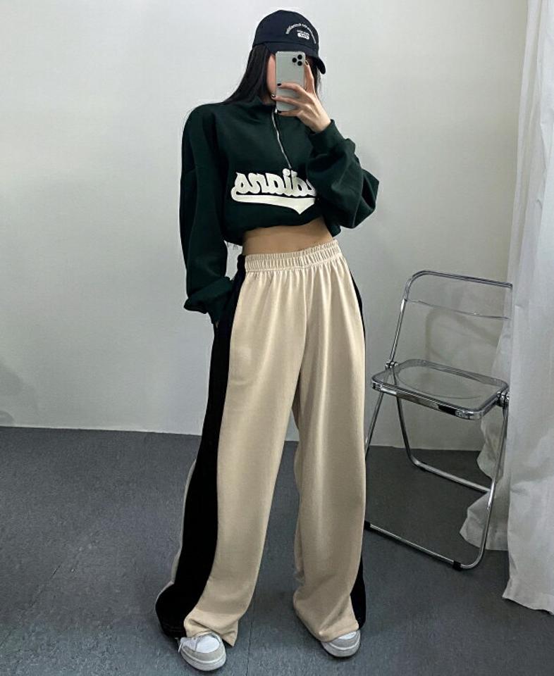 配色ワイドスウェットパンツ・p002587 レディース 【pt】パンツ ロング丈 柄 模様 配色 ワイド スウェット トレーナー 春 夏 秋 冬 バイカラー ゆったり 楽ちん カジュアル ラフ スポーティ スポーツ ウエストゴム ルーズ 韓国ファッション MKT