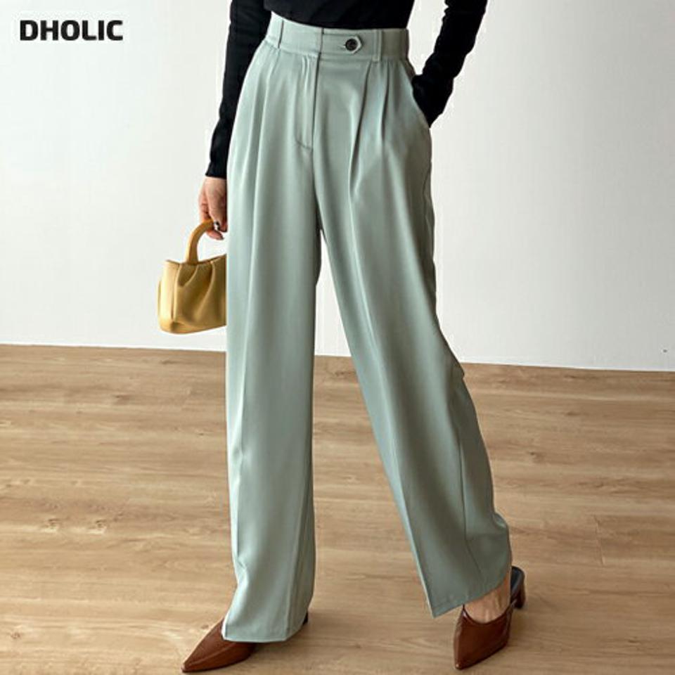 ボタンワイドツータックスラックス・t00174 レディース 【pt】ボトムス ロング ロングパンツ スラックス ツータック ワイド ストレート ハイウエスト フルレングス ロング丈 無地 単色 シンプル フェミニン カジュアル 秋 冬 春 韓国ファッション