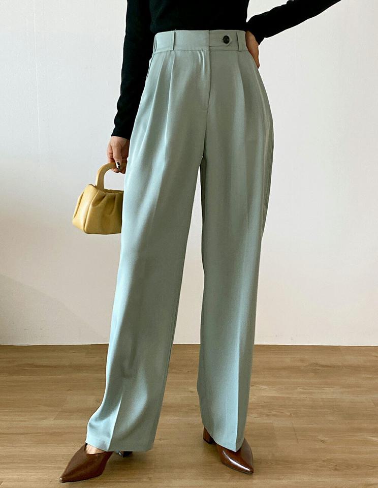 ボタンワイドツータックスラックス・t00174 レディース 【pt】ボトムス ロング ロングパンツ スラックス ツータック ワイド ストレート ハイウエスト フルレングス ロング丈 無地 単色 シンプル フェミニン カジュアル 秋 冬 春 韓国ファッション