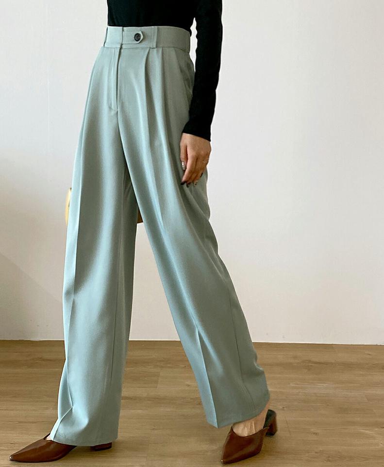 ボタンワイドツータックスラックス・t00174 レディース 【pt】ボトムス ロング ロングパンツ スラックス ツータック ワイド ストレート ハイウエスト フルレングス ロング丈 無地 単色 シンプル フェミニン カジュアル 秋 冬 春 韓国ファッション