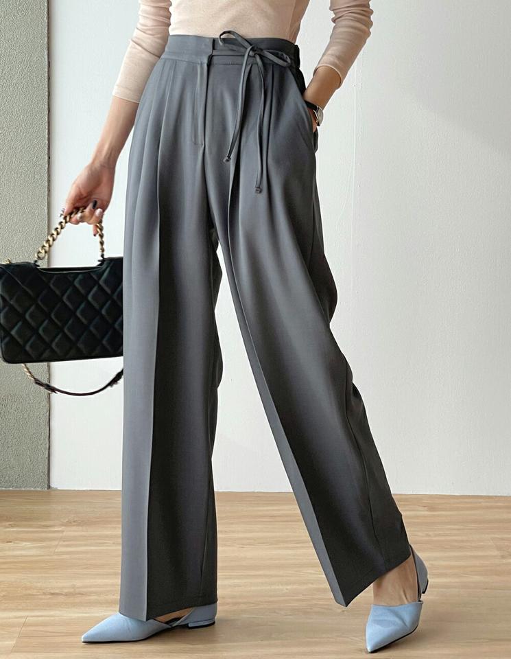 サイドリボンタックスラックス・t00179 レディース 【pt】ボトムス ロング ロングパンツ スラックス ワイド ストレート ツータック ハイウエスト センタープレス ロング丈 無地 単色 シンプル フェミニン カジュアル 秋 冬 春 韓国ファッション