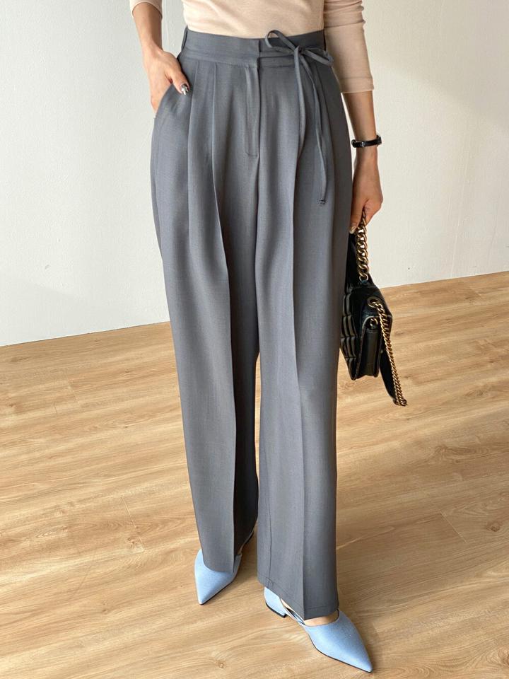 サイドリボンタックスラックス・t00179 レディース 【pt】ボトムス ロング ロングパンツ スラックス ワイド ストレート ツータック ハイウエスト センタープレス ロング丈 無地 単色 シンプル フェミニン カジュアル 秋 冬 春 韓国ファッション