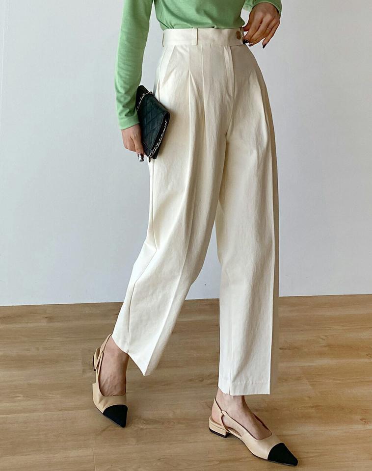 ツータックコットンスラックス・t00184 レディース 【pt】ボトムス ロング ロングパンツ スラックス ワイド ストレート ツータック ハイウエスト センタープレス ロング丈 無地 単色 シンプル フェミニン カジュアル 秋 冬 春 韓国ファッション